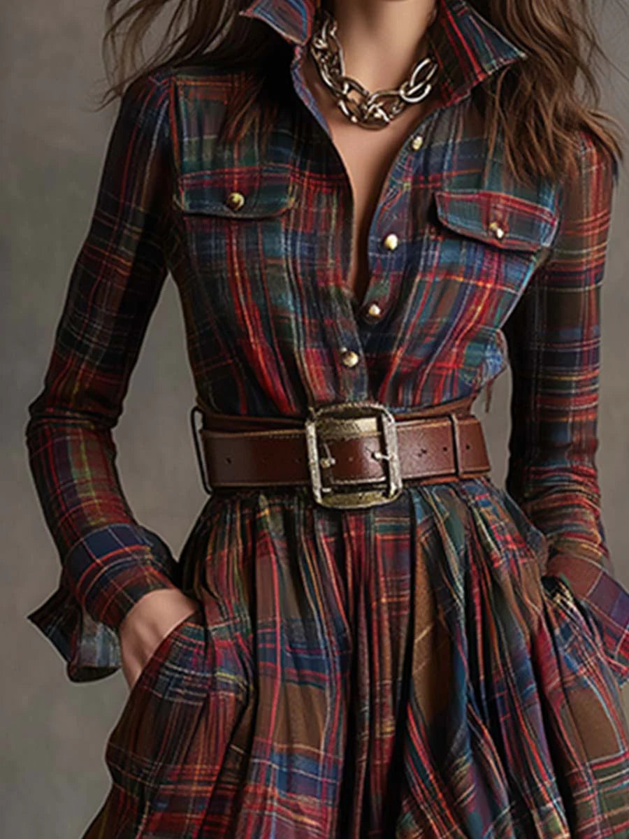 Long Brownish-Red Checked Dress