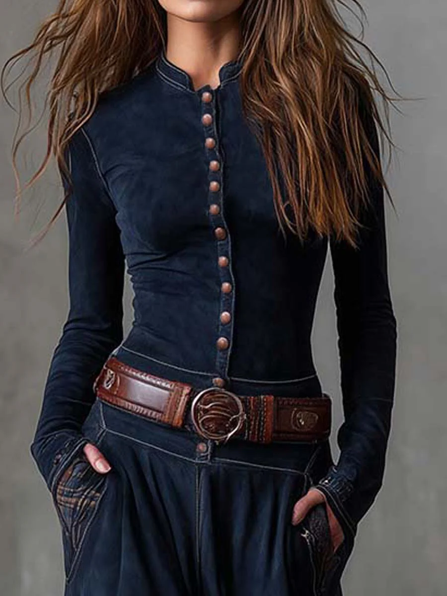 Vintage Long Dress in Navy Blue Suede