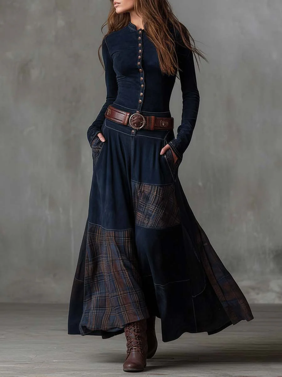 Vintage Long Dress in Navy Blue Suede