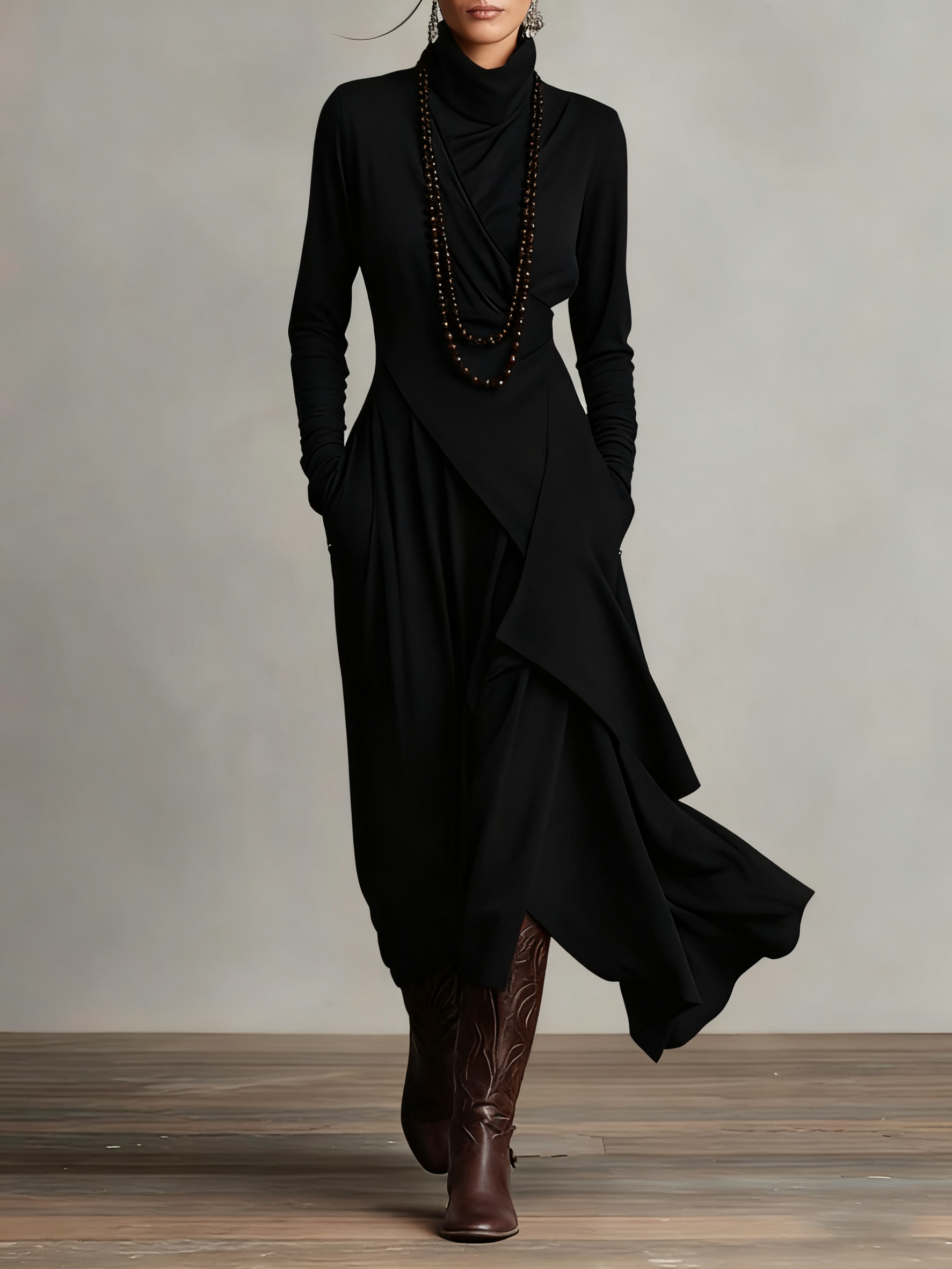 Asymmetrical Pleated Maxi Dress with High Collar