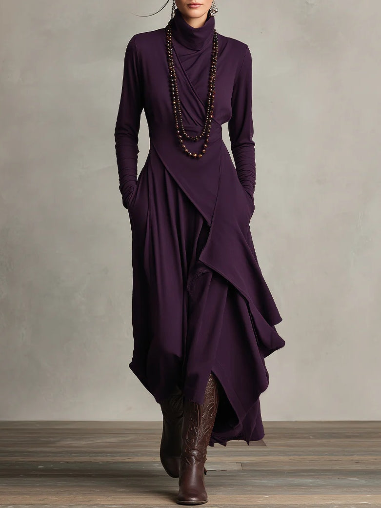 Asymmetrical Pleated Maxi Dress with High Collar