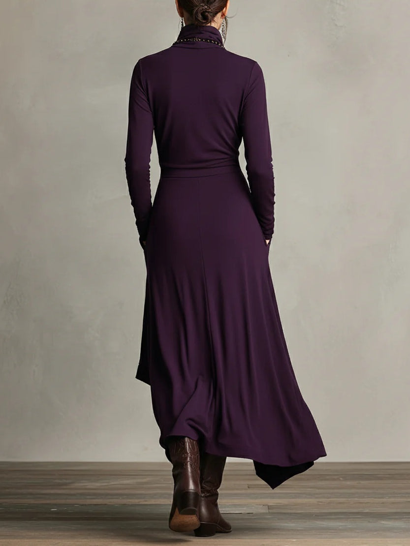 Asymmetrical Pleated Maxi Dress with High Collar
