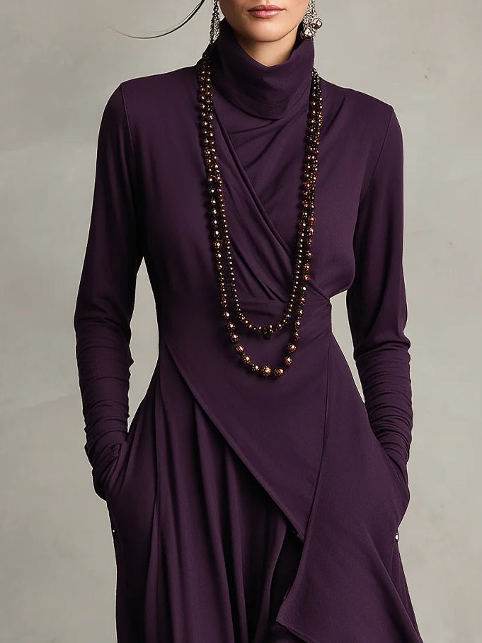 Asymmetrical Pleated Maxi Dress with High Collar